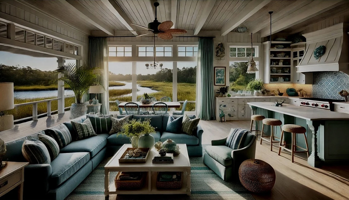 Refined Lowcountry interior with marsh view